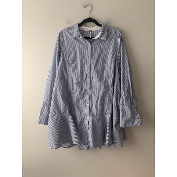 Free People All For You Striped Shirt Dress Blue Size Large Tunic Preppy Cotton - Picture 4 of 11